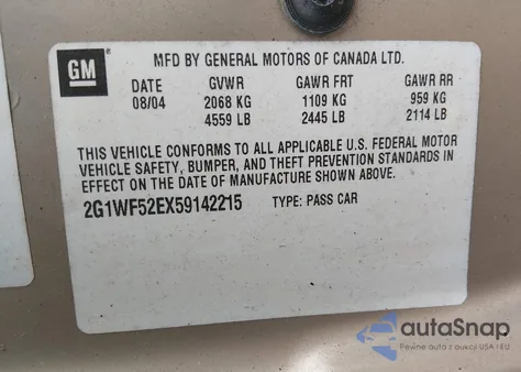 2005 Chevrolet Impala из США, поврежденный, VIN 2G1WF52EX59142215